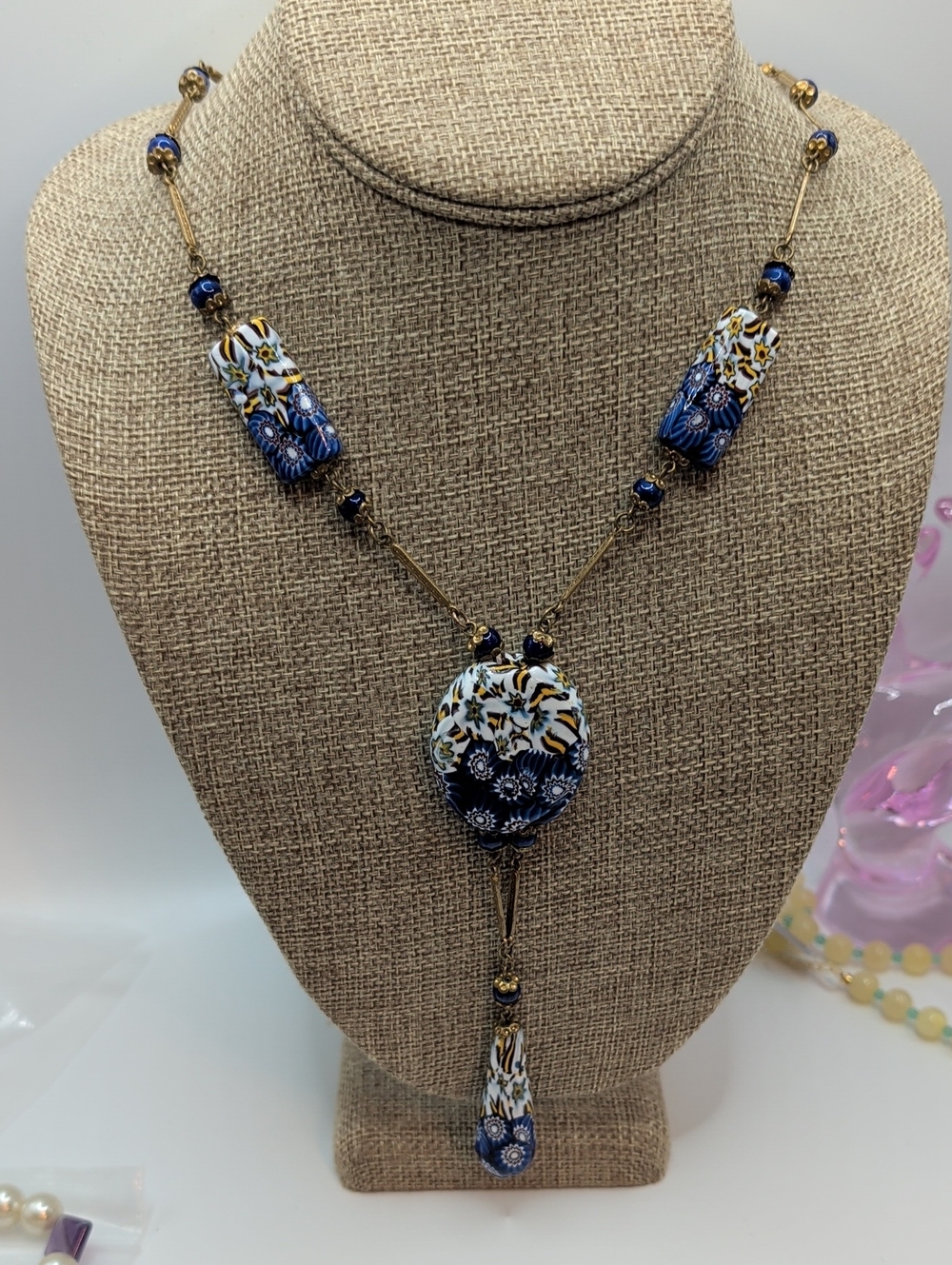 Handcrafted Blue and White Floral Drop Necklace - Women Jewelry